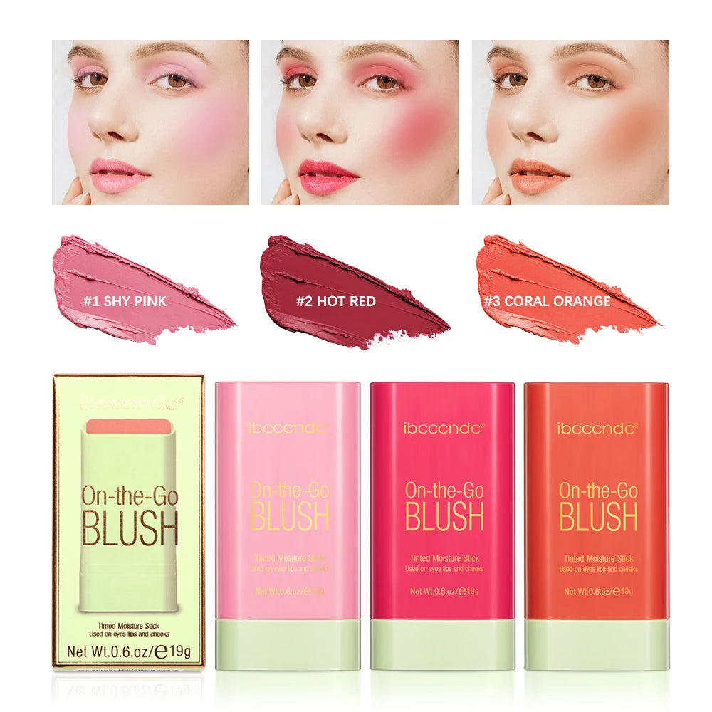 Stick de Blush Multi Funções Cor Natural de Longa Duração para Maquiagem Feminina Iluminador 3 em 1