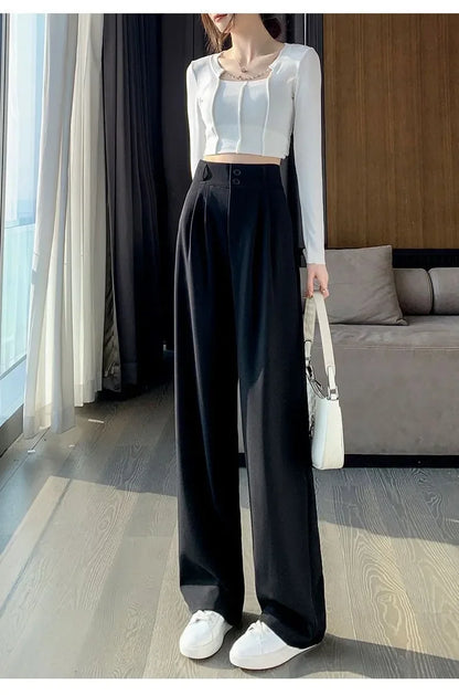 Elegant Wide Leg Pants Women Korean Style High Waist Black Baggy Pants Office Ladies Fashion Loose Suit Trousers Streetwear 2024